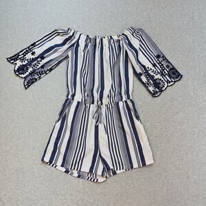 Style House Striped Romper/Jumpsuit WMN 5 Navy White On/Off Shoulder Embroidered